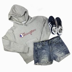 Champion Reverse Weave Embroidered Emblem Hoodie in Gray. Sz Small